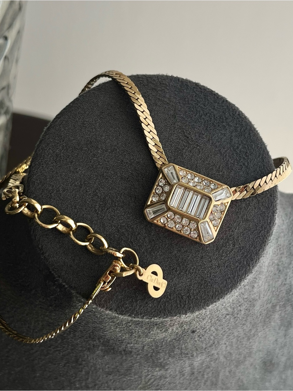 Authentic Vintage Dior Rectangular Centerpiece Baguette Rhinestone Gold Necklace - Picture 1 of 5